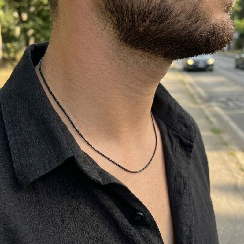 1mm sleek black round snake herringbone neck chain for men in Pakistan
