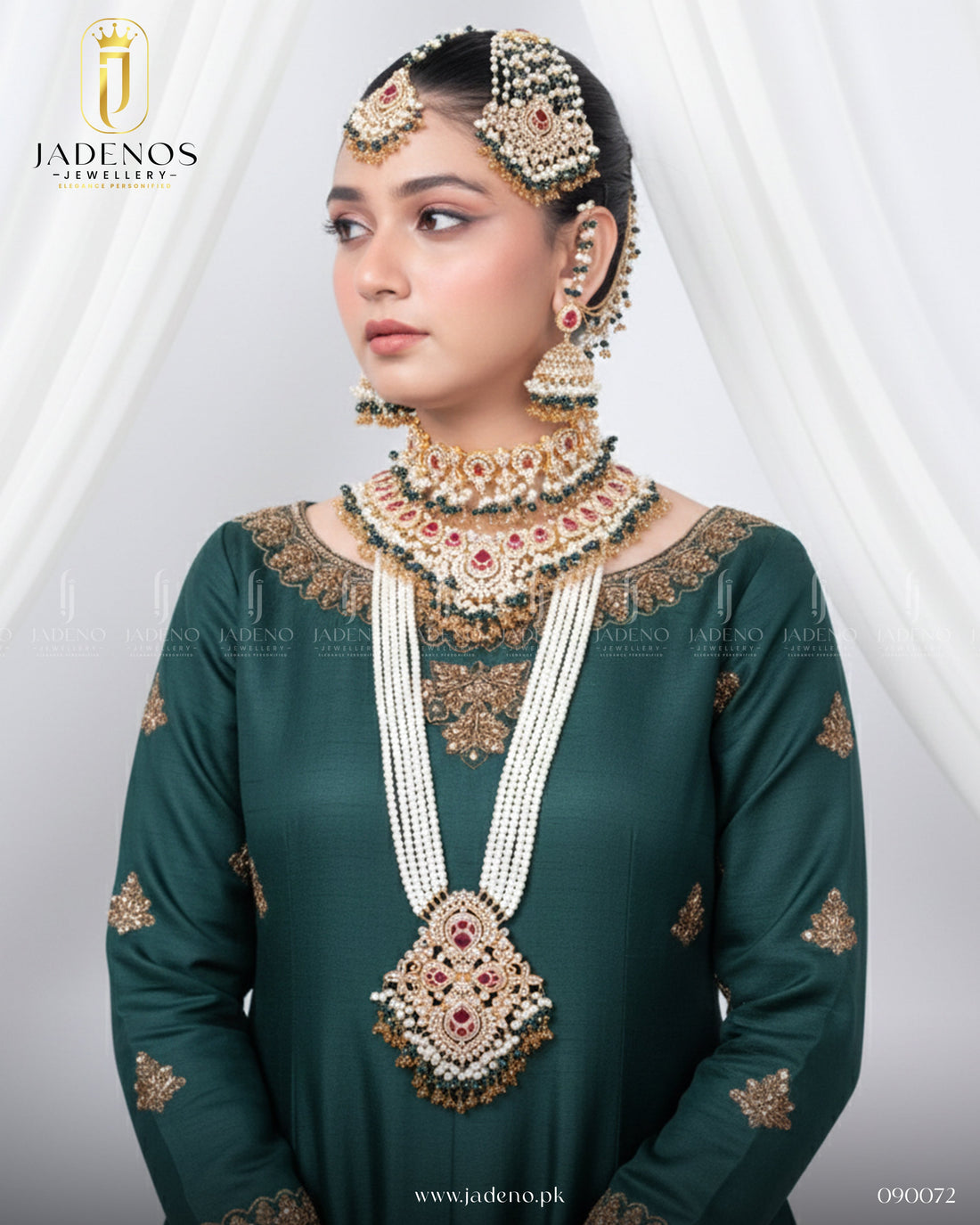 Bride wearing Traditional Hyderabadi Shehnai Royal Bridal Set with pearls, red stones, and matching jhumar design