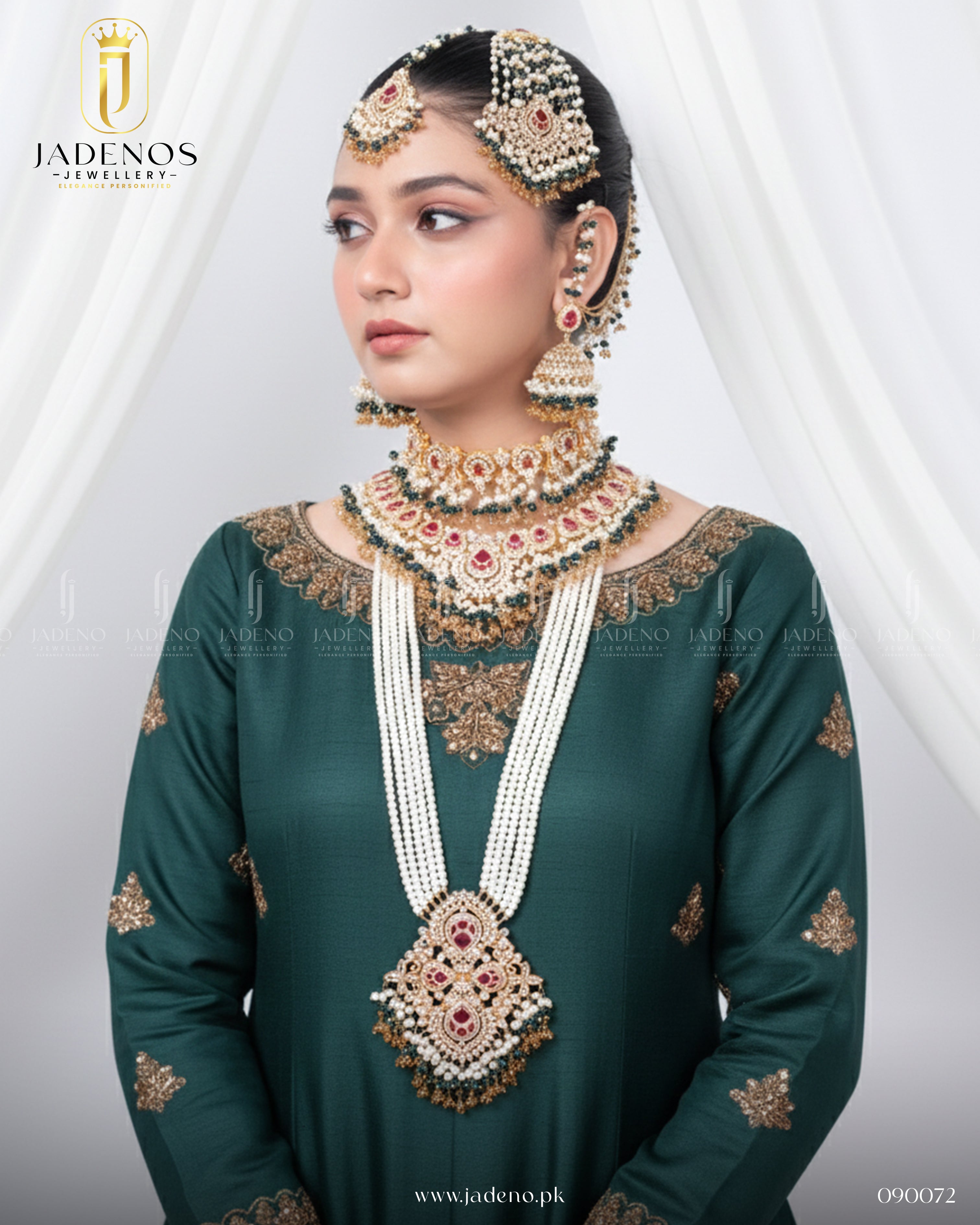 Bride wearing Traditional Hyderabadi Shehnai Royal Bridal Set with pearls, red stones, and matching jhumar design