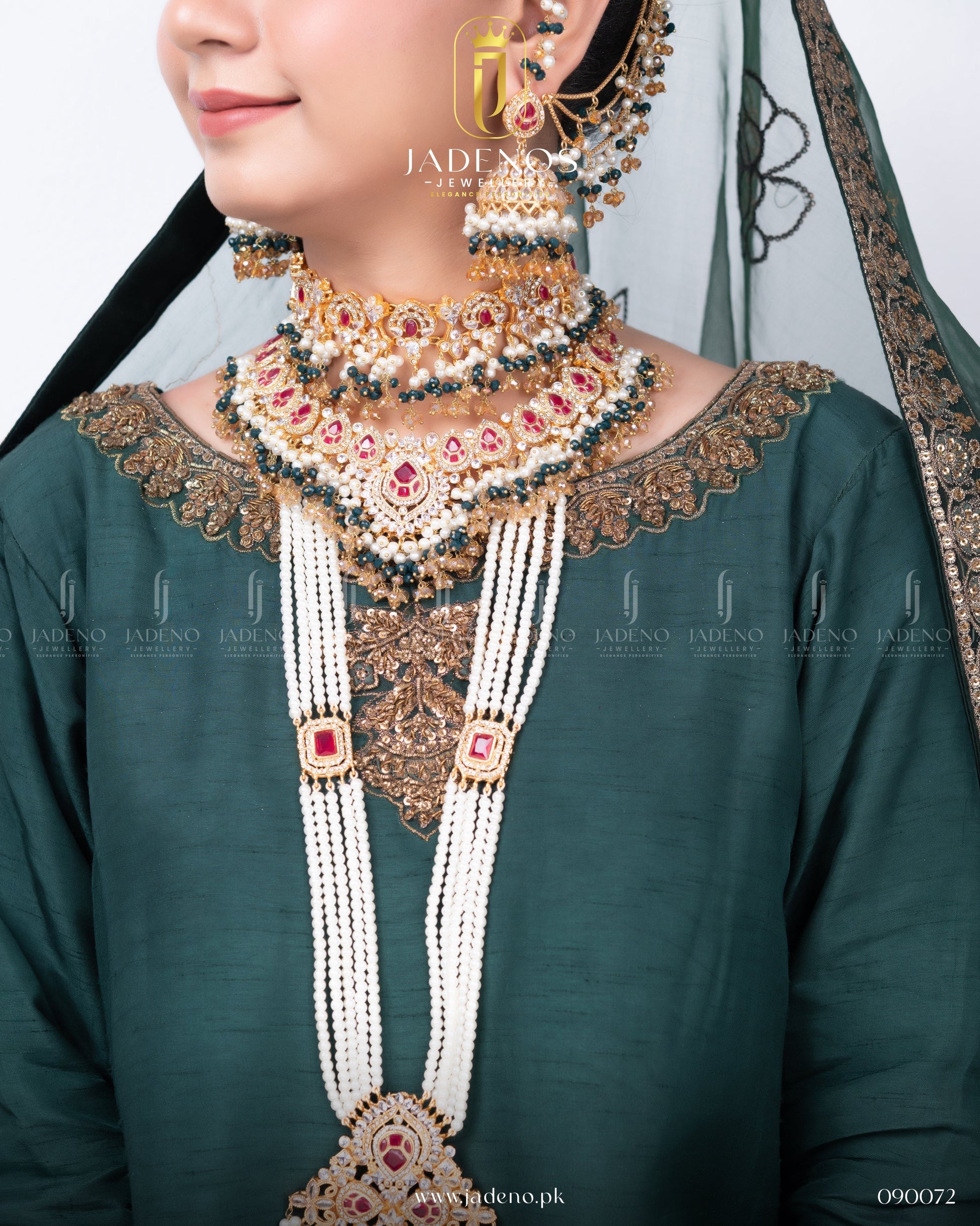 Close-up of Traditional Hyderabadi Shehnai Royal Bridal Set with pearls, red stones, and layered maala design