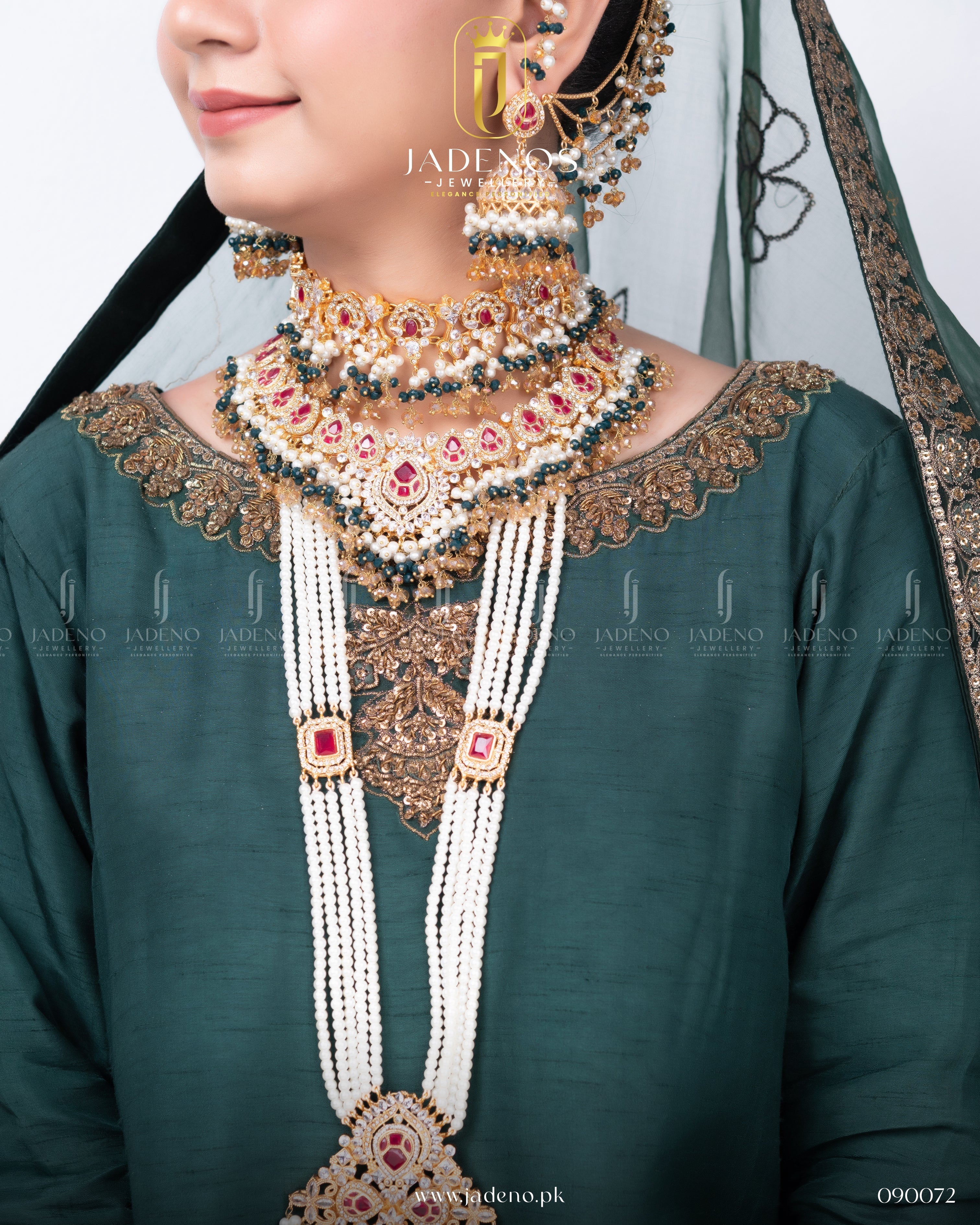 Close-up of Traditional Hyderabadi Shehnai Royal Bridal Set with pearls, red stones, and layered maala design