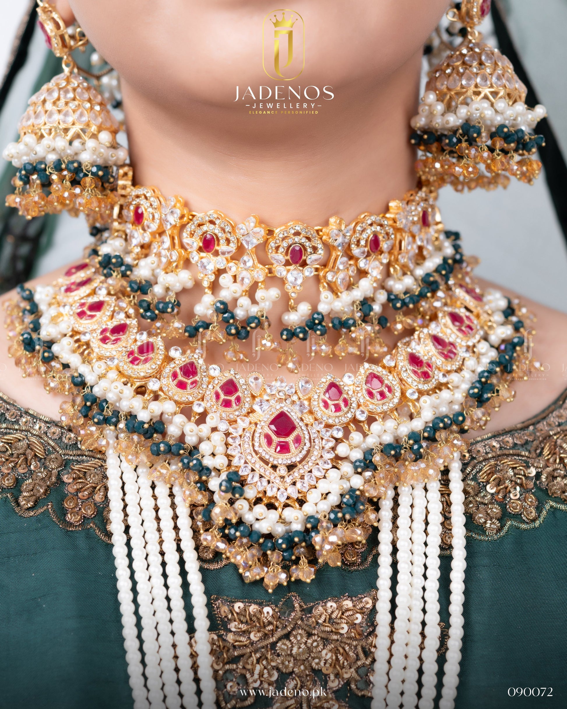 Close-up of Traditional Hyderabadi Shehnai Royal Bridal Set with pearls, red stones, and intricate choker detailing