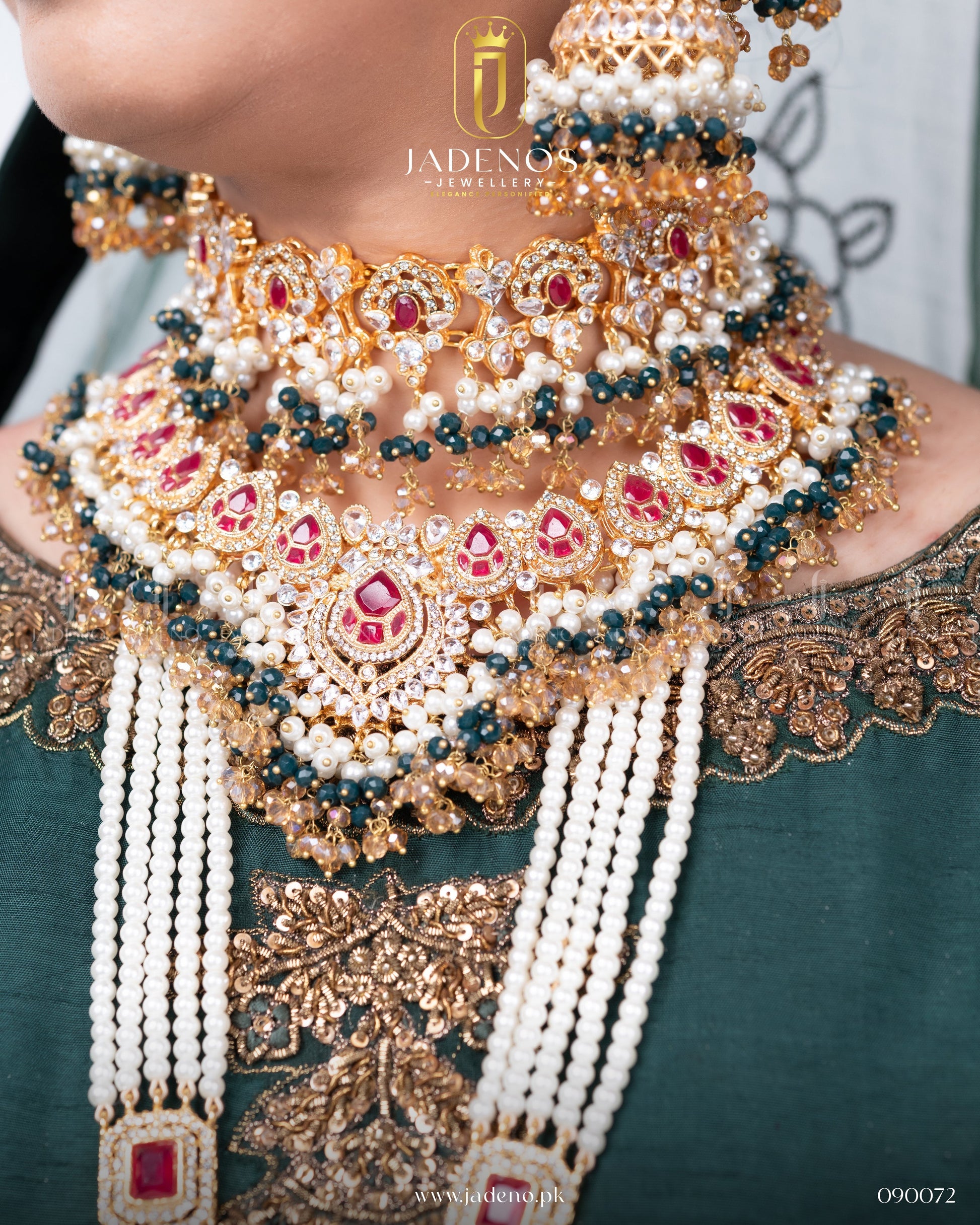 Close-up of Traditional Hyderabadi Shehnai Royal Bridal Set with pearls, ruby stones, and layered necklace detailing