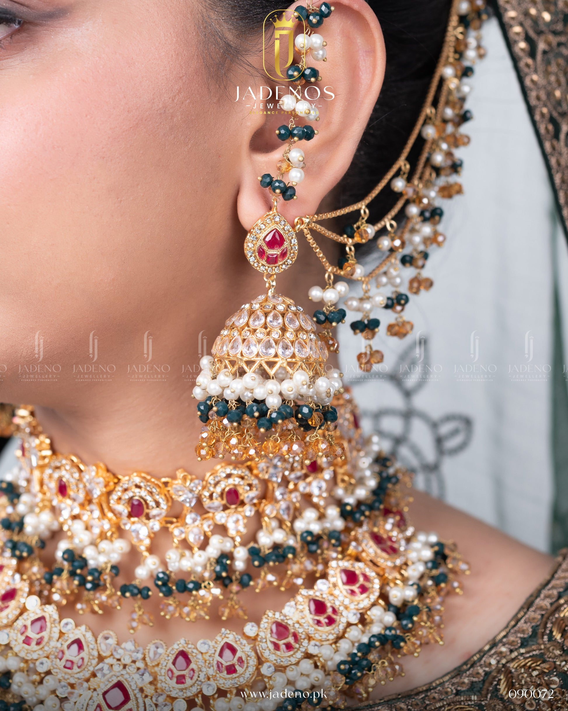 Bridal earring from Traditional Hyderabadi Shehnai Royal Bridal Set with pearl jhumka and ruby stone accents