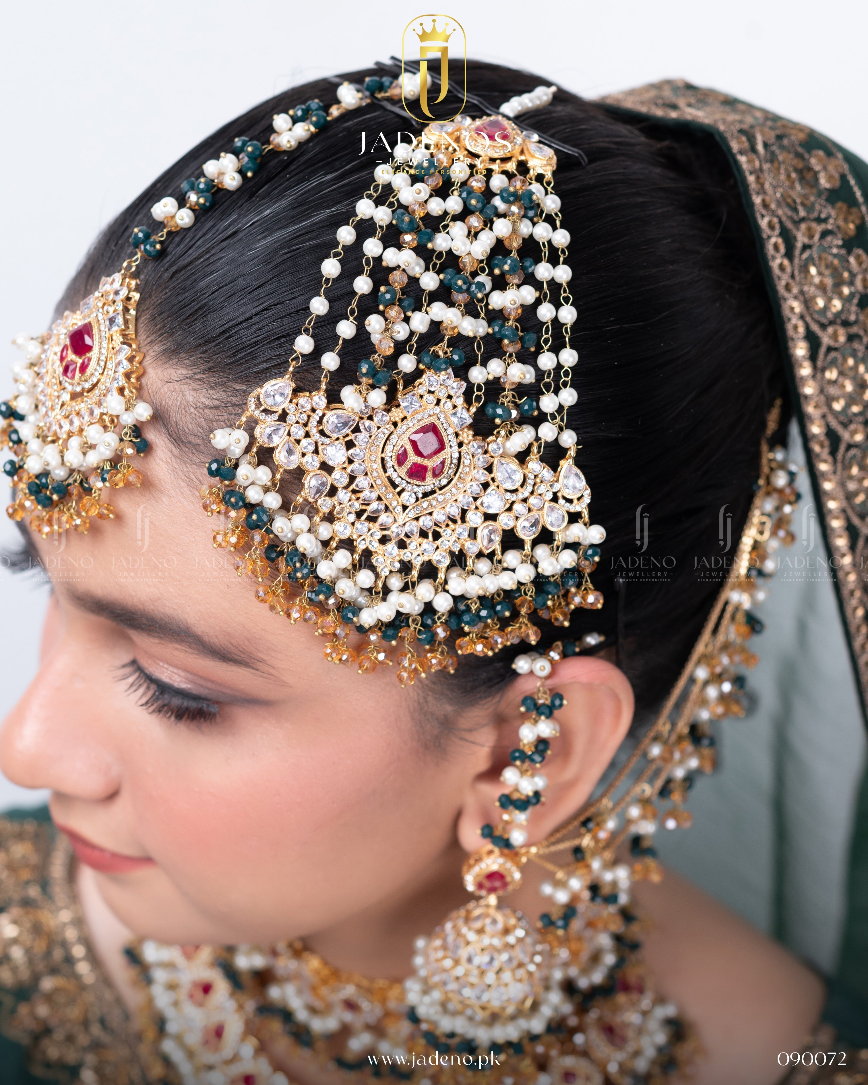 Bridal jhumar from Traditional Hyderabadi Shehnai Royal Bridal Set with pearls, ruby stone, and sahara detailing