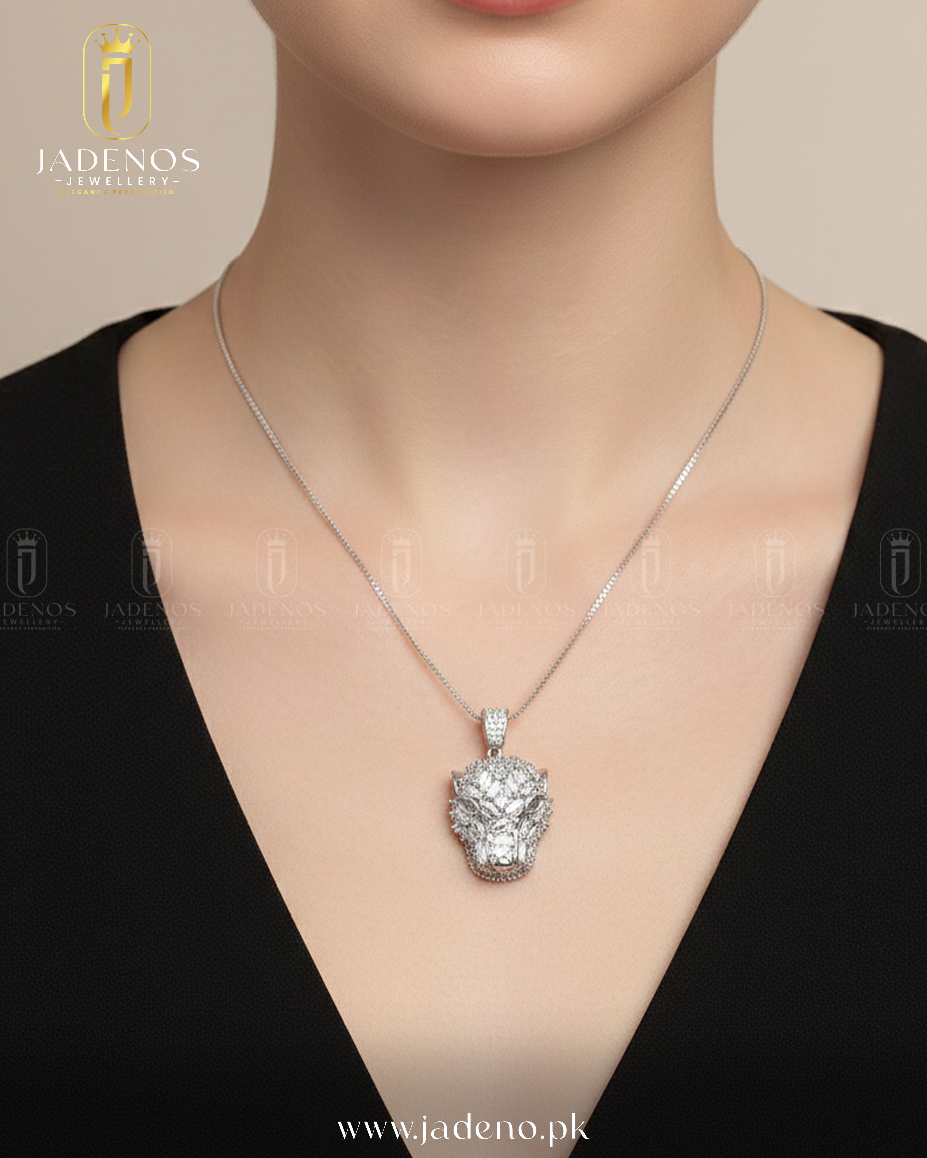 Close-up of model wearing The Imperial Lioness Pendant Set, featuring a lion head pendant with shimmering stones on a sleek chain.