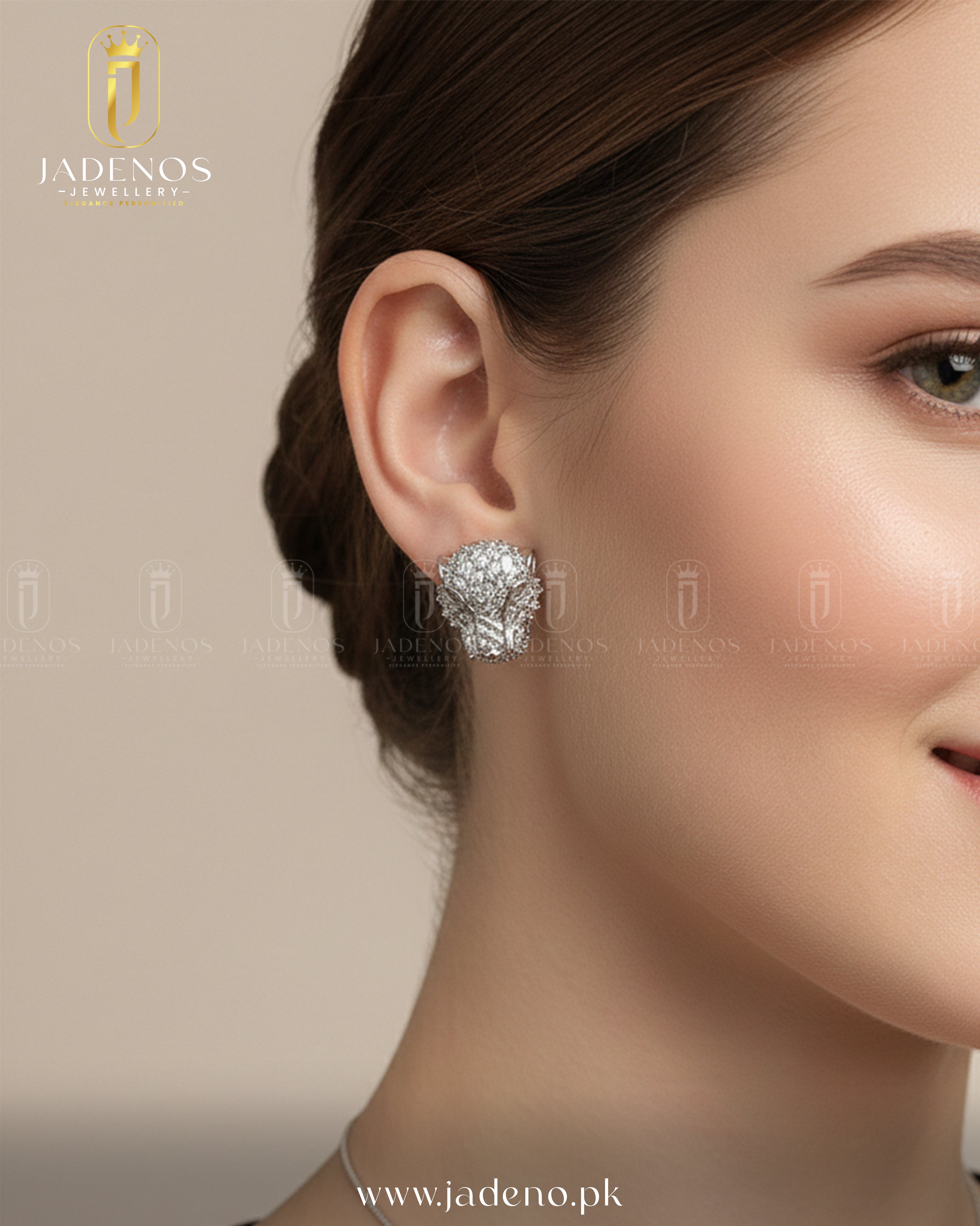 Side profile of model wearing The Imperial Lioness Pendant Set earrings, lion design studs with shimmering stone detailing