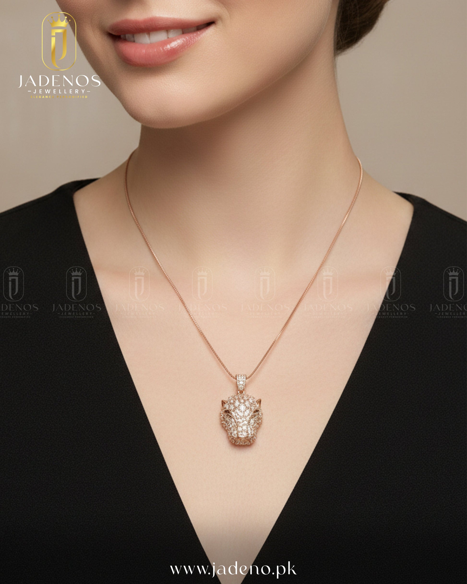 Elegant neckline view of model wearing The Imperial Lioness Pendant Set, featuring a gold lion head pendant with sparkling stones