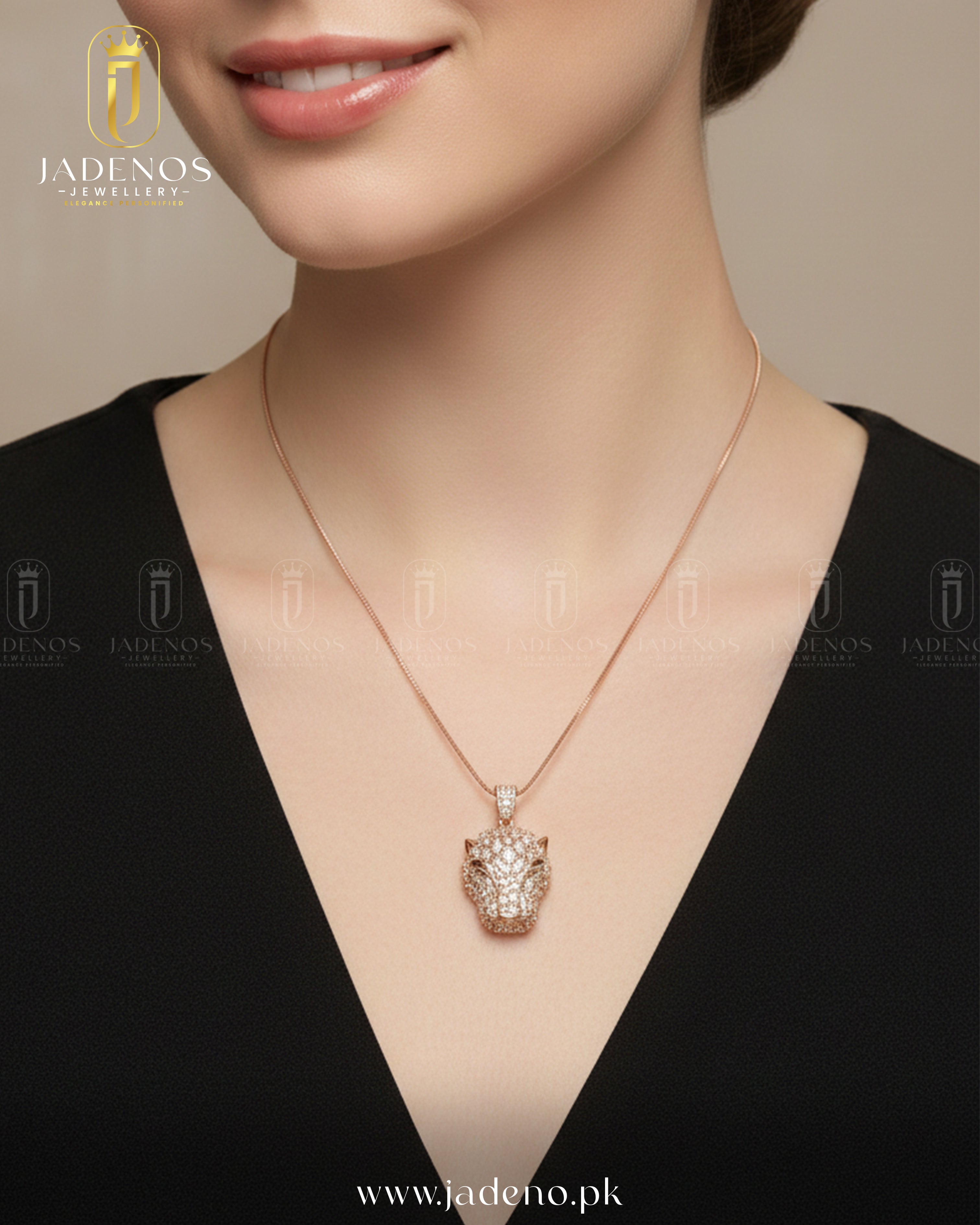 Elegant neckline view of model wearing The Imperial Lioness Pendant Set, featuring a gold lion head pendant with sparkling stones