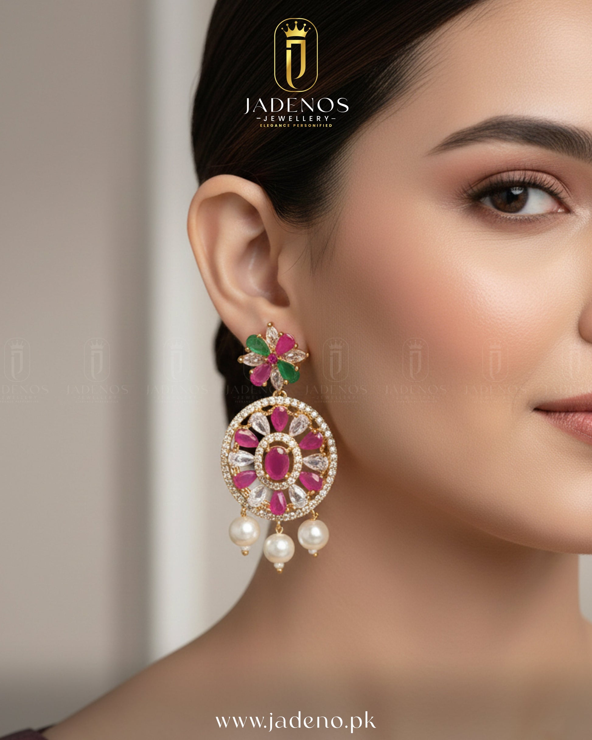 Side view of a woman wearing Royal Maharani Pearl Choker Set earrings with pink gemstones, green accents, gold, and pearls.