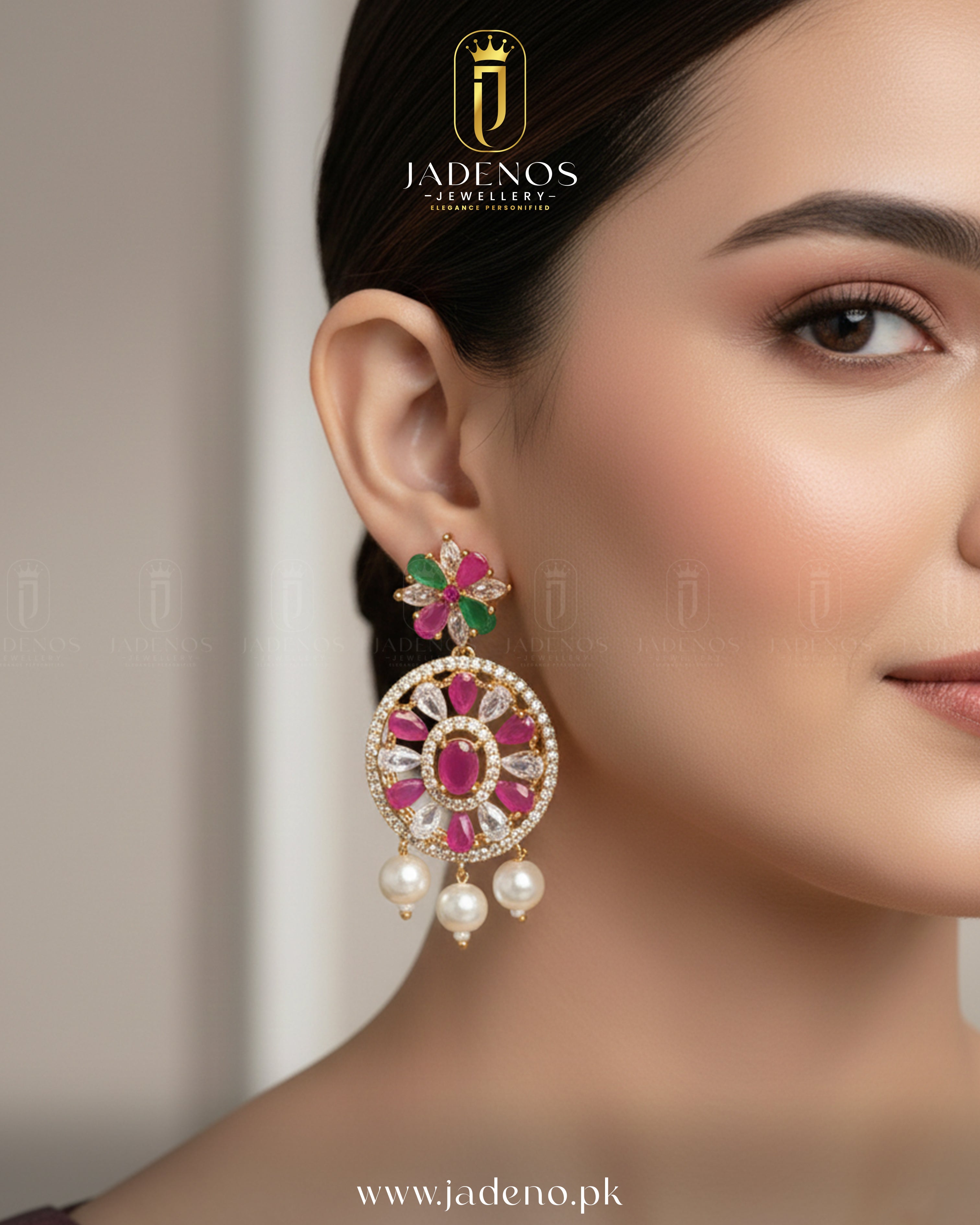 Side view of a woman wearing Royal Maharani Pearl Choker Set earrings with pink gemstones, green accents, gold, and pearls.