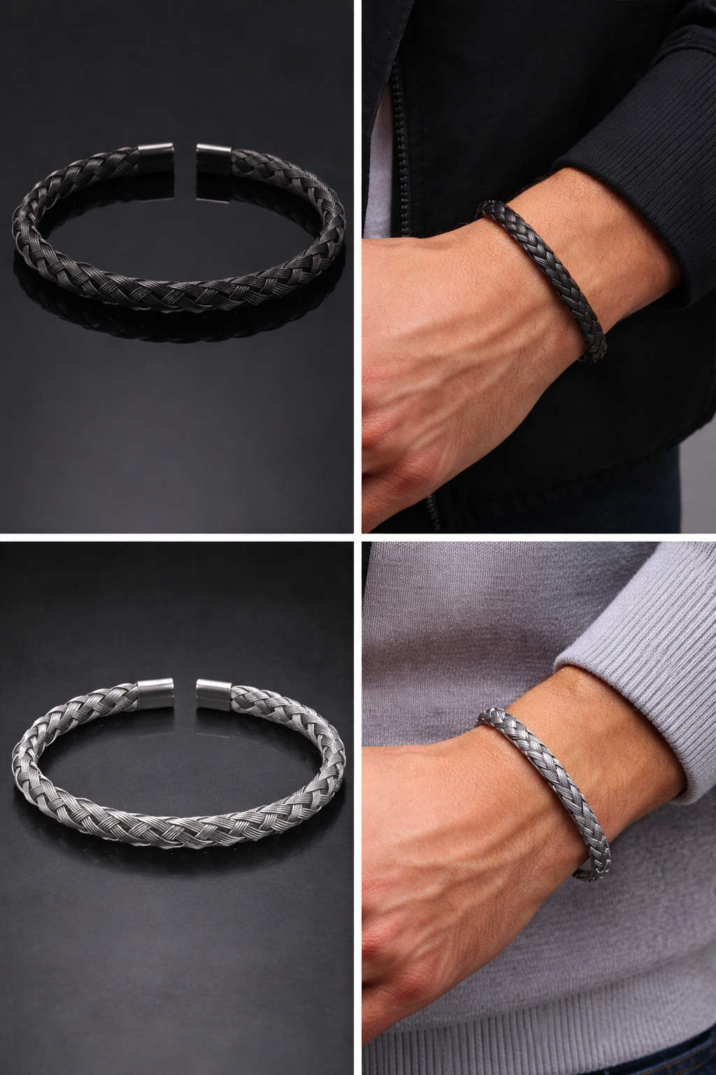 Stainless Steel Twisted Cable Wire Cuff Bangle / Bracelet (Black & Silver Colors)