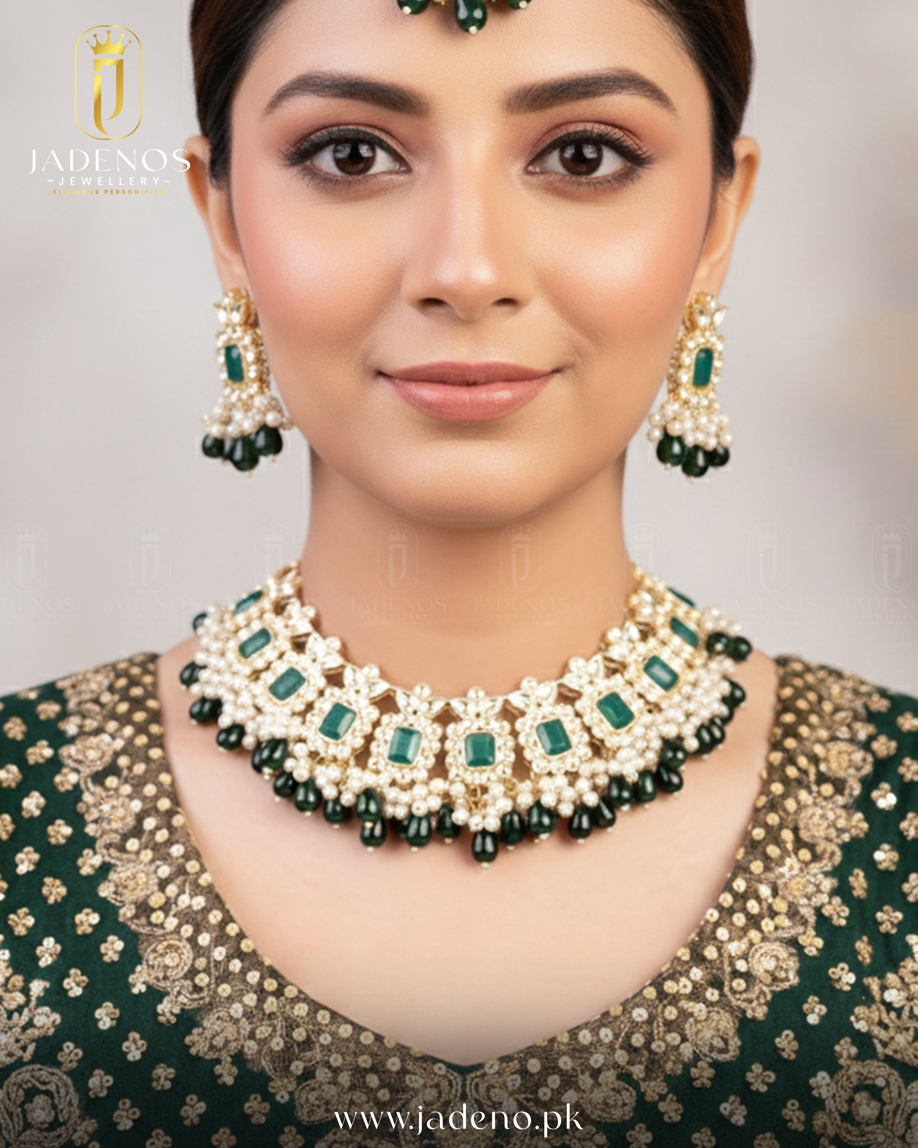 Bridal model wearing Sultana Edit choker set with tika, gold choker with green stones and pearl drops, Pakistani wedding jewelry