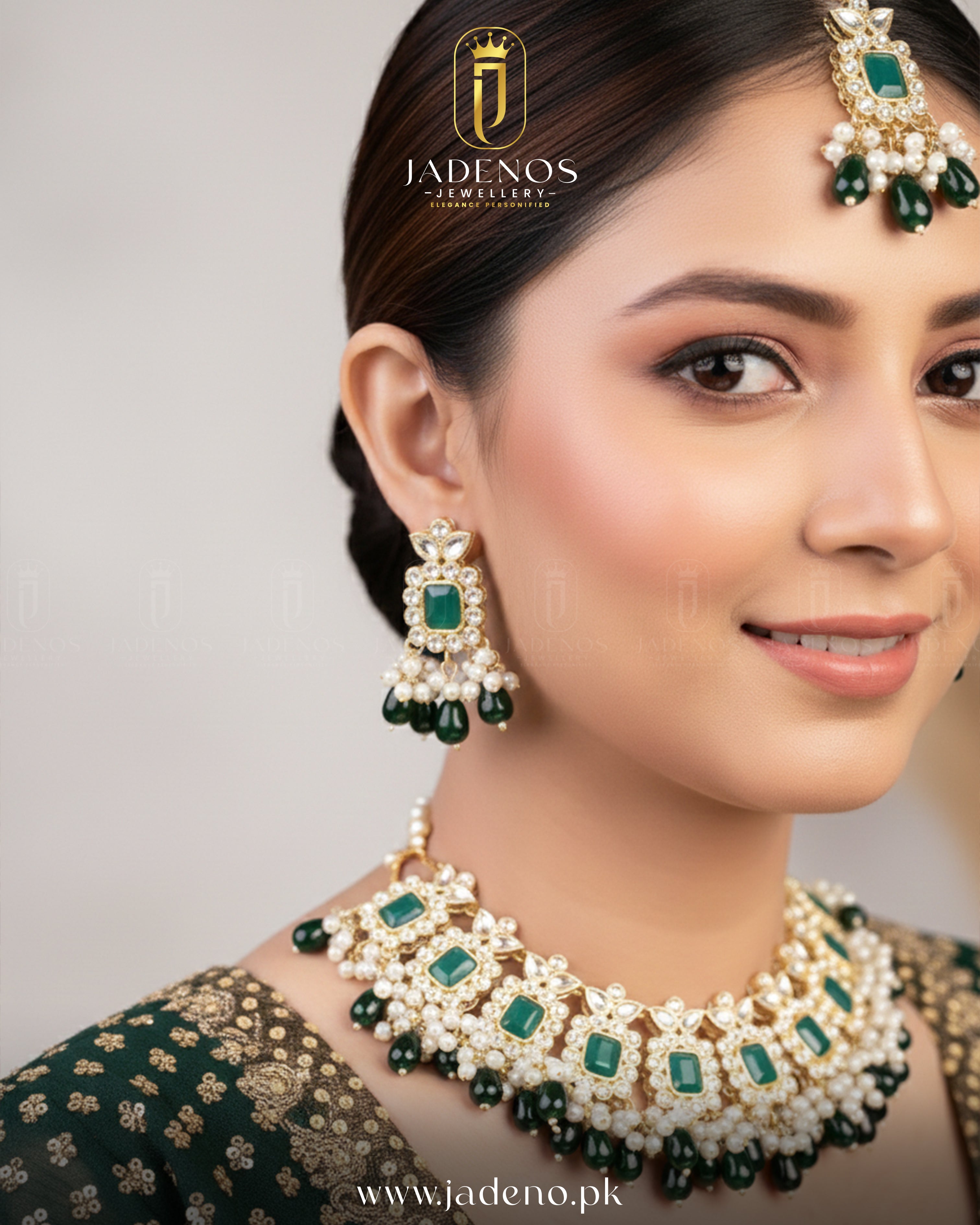 Close-up of woman wearing Sultana Edit choker set with tika, gold choker with green stones and pearl drops.