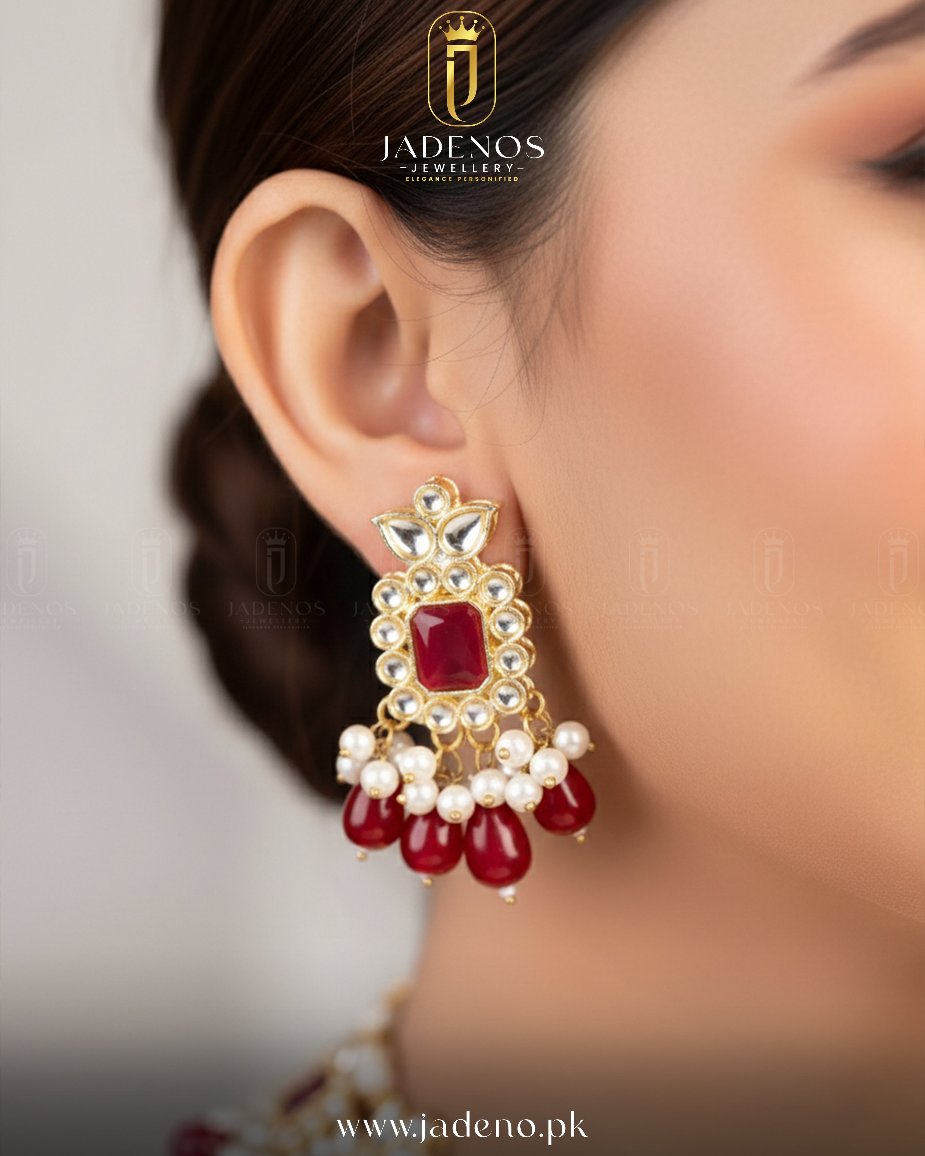 Bridal model wearing Sultana Edit earring, gold bridal earrings with red stones and pearl drops.