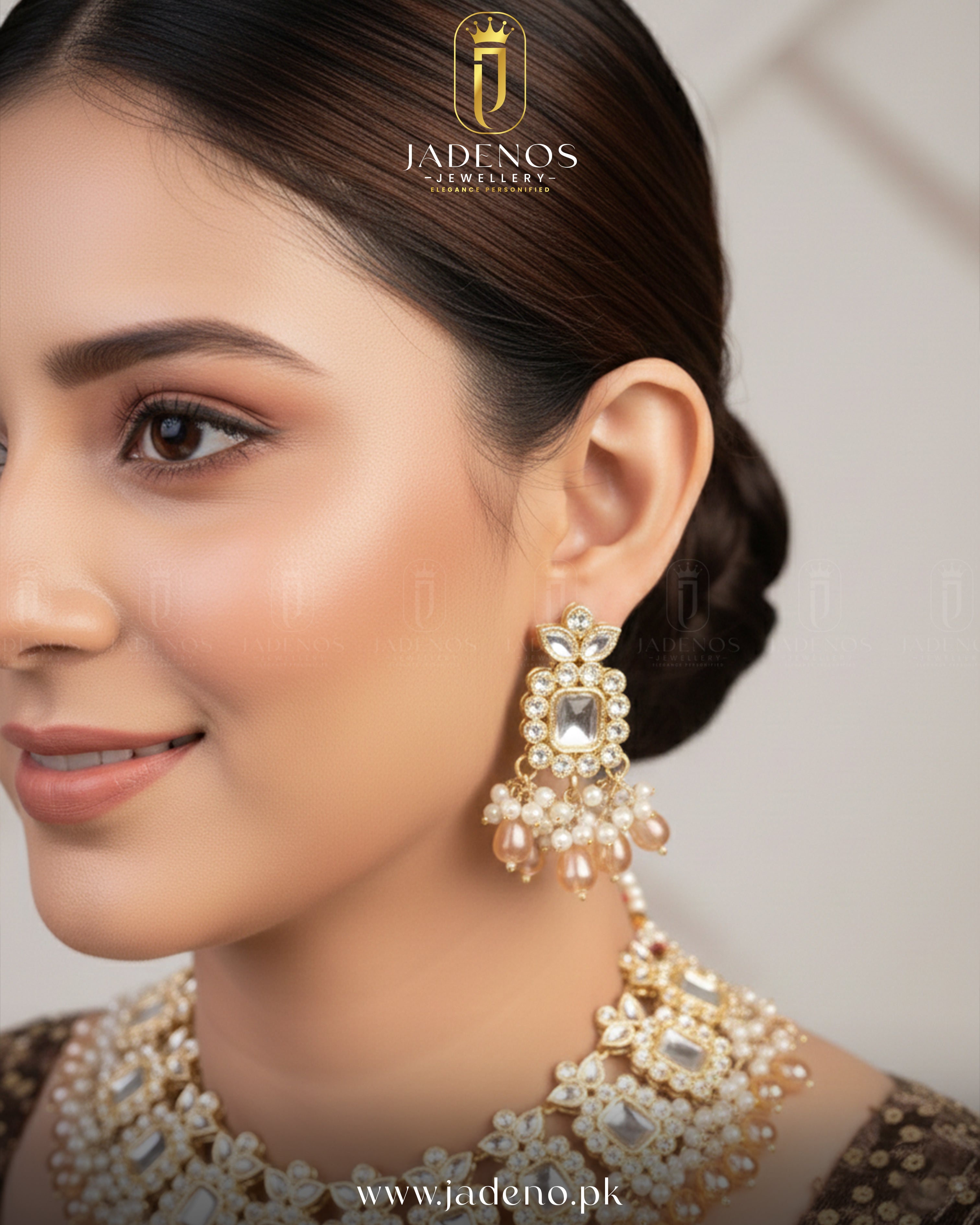 Close-up of woman wearing gold earrings with pearl drops and stone detailing, traditional Pakistani wedding jewelry design