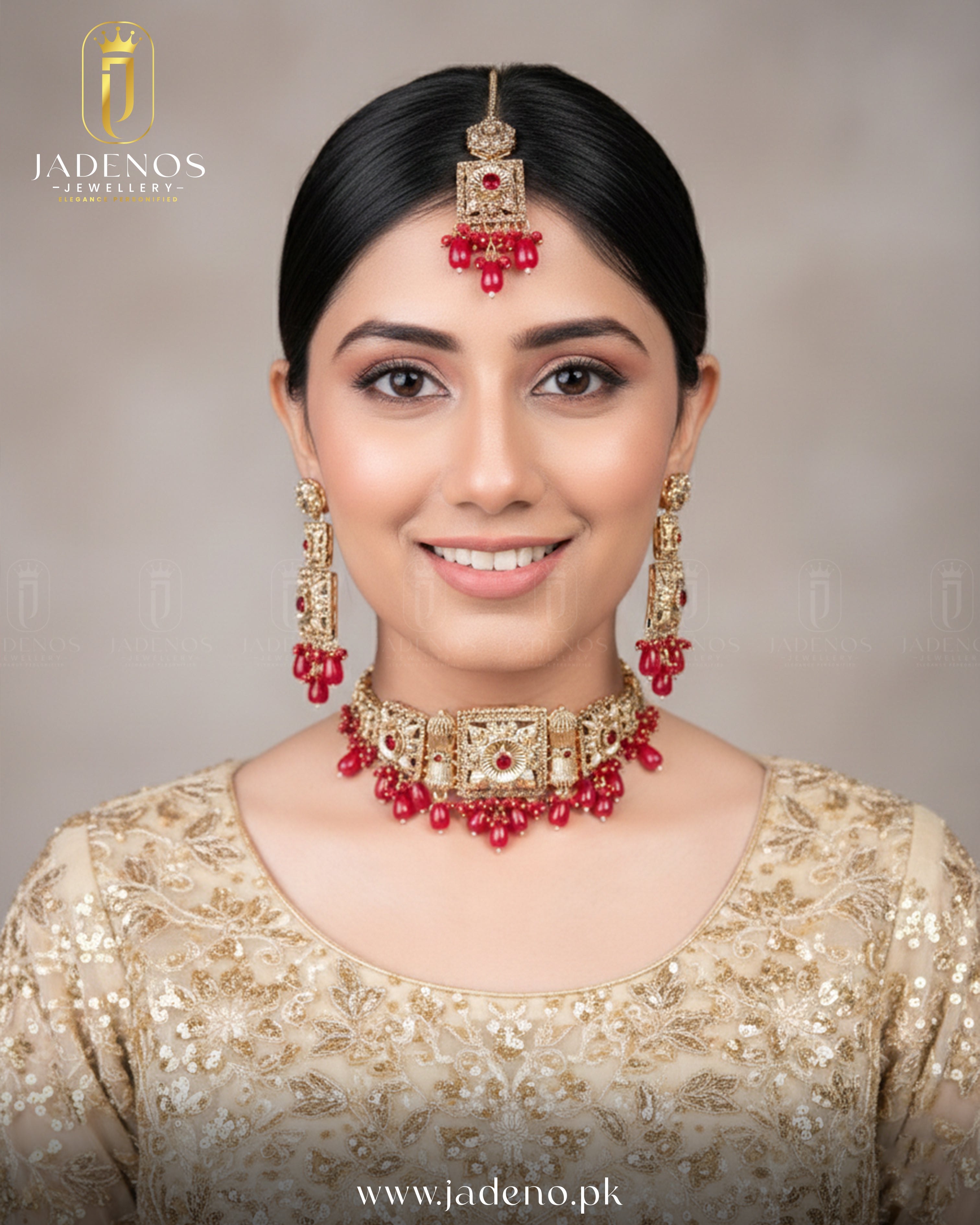 Front portrait wearing Noor-e-Ronaq choker set with tika, gold choker with red stones and bead drops, Pakistani wedding jewelry.